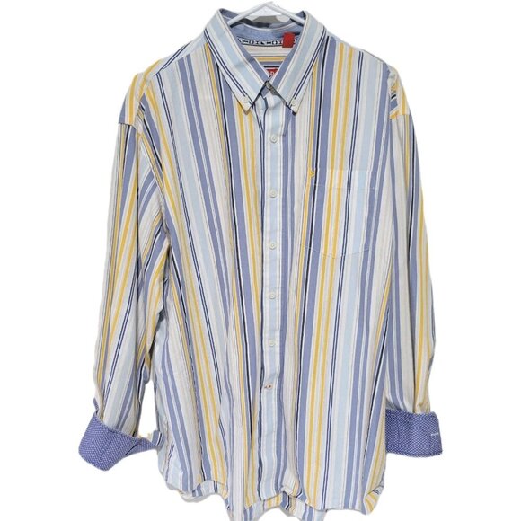 Izod Button Down Shirt XL Mens Long Sleeve Blue Yellow Striped - Picture 1 of 6